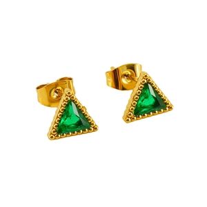 Detailed close-up of triangle gold earrings featuring emerald green cubic zirconia