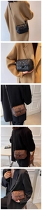 Detailed views showing quilted leather texture and metal chain strap of a crossbody bag