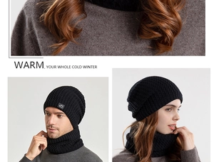 Detail of black winter knit hat and neck gaiter set with honeycomb texture and fleece lining