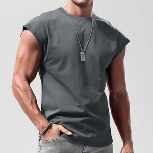Men's loose fit sleeveless dark grey cotton t-shirt vest for summer gym workouts