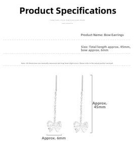 Detail view of S999 silver bowknot tassel earrings with specific length measurement details