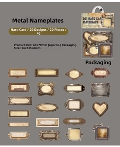 Macro detail of 20pcs vintage bronze DIY scrapbook stickers with metal texture and dimensions