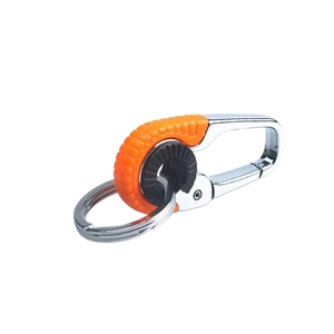 Polished silver metal car keychain with orange and black anti-slip rubber rings