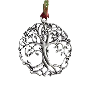 Silver Tree of Life Christmas ornament with red ribbon, festive holiday metal pendant decoration