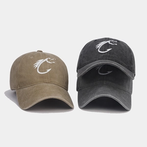 Distressed washed cotton baseball cap featuring a unique white fish hook logo print