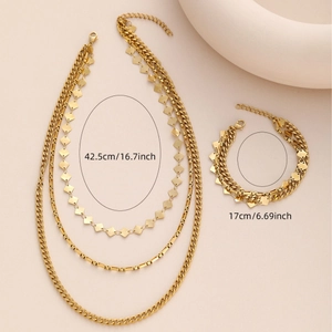 Gold multi-layer diamond chain necklace and bracelet set shown with length measurements