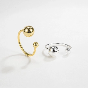 S925 Sterling Silver Double Ball Open Ring For Women Minimalist Adjustable Geometric Round Bead Finger Ring Fashion Jewelry