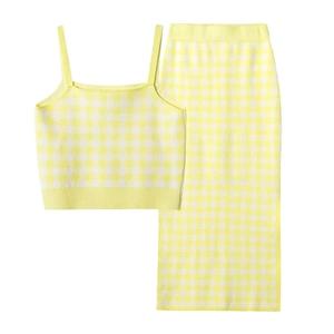 Women's two-piece set with yellow gingham knit camisole top and matching midi pencil skirt