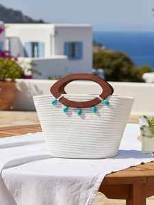 Woven Cotton Rope Handbag Wooden Handle Turquoise Beads Bohemian Vacation Tote Bag For Women Vintage Casual Style