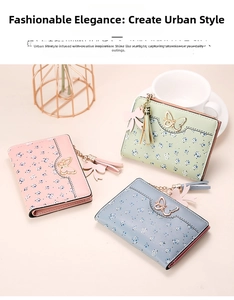 Short floral wallets for women with golden butterfly buckle and tassel details