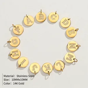 14K gold plated stainless steel initial disc pendants with micro-pave crystals
