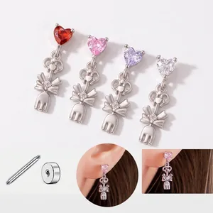 Orecchino Lobo Acciaio Titanio Cuore Zirconia Fiocco Pendente Forchetta Chiusura Vite Piercing Cartilagine Donna