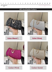 Detail view of sequined evening clutch bags in four colors with luxury diamond clasps