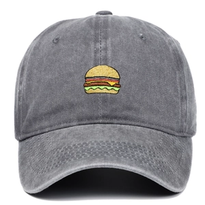 Vintage washed grey baseball cap with burger embroidery in a classic 6-panel design