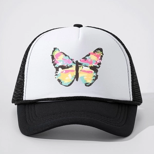 Casquette trucker noire et blanche avec imprimé papillon coloré et dos en maille réglable