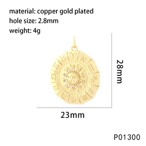 Zodiac sun medallion pendant in gold-plated copper with dimensions and weight specs