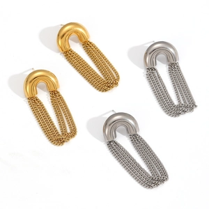 U-shaped 18k gold plated stainless steel tassel chain earrings in gold and silver