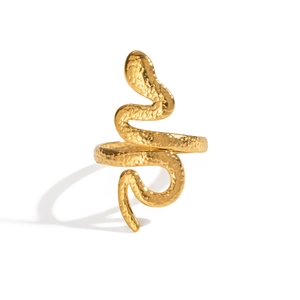Detailed view of snake-shaped gold ring featuring a unique hammered metal texture finish