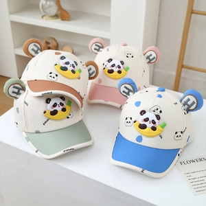 Children's panda baseball cap with 3D ears and cartoon prints in four soft colors