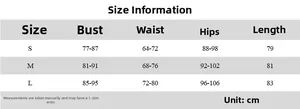 Size chart showing bust, waist, hips, and length for the polka dot one-shoulder dress