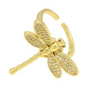 Gold-plated 18k copper dragonfly open ring with white cubic zirconia and red gem eyes