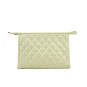 Quilted mint green PU leather makeup bag with rhombic pattern and zipper closure