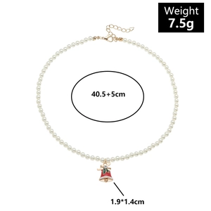 Detail of Christmas pearl necklace with red jingle bell charm and precise dimensions