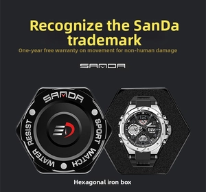 Orologio digitale SANDA con cassa in metallo, cinturino in gomma e scatola esagonale