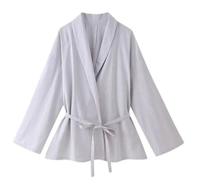 Detail showing light grey cotton linen kimono cardigan with long sleeves and waist tie