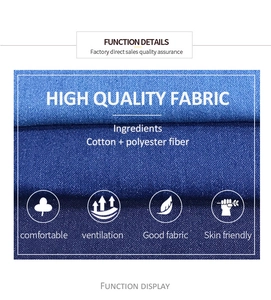 Primo piano del tessuto denim blu che mostra la miscela di cotone premium e la trama morbida