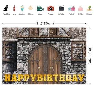 Medieval stone wall happy birthday backdrop 5x3ft for themed knight party decoration