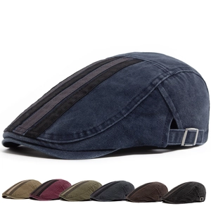 Retro Washed Cotton Flat Cap With Stripe Patchwork Vintage Distressed Adjustable Ivy Hat For Men Women Casual Style
