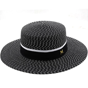Boater Hat Straw Woven Flat Top Wide Brim Sun Protection Breathable Beach Vacation French Style Women Metal Letter Decor