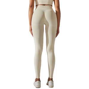 Seamless beige yoga set featuring high-waisted lifting leggings and a matching sports bra