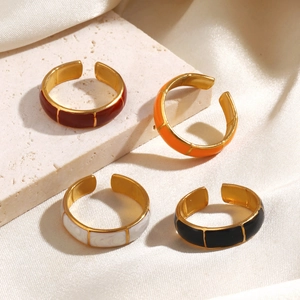 Adjustable bamboo-style stainless steel rings with colorful enamel in gold finish