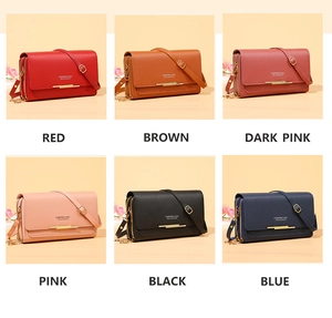 Women's multi-layered crossbody phone bag displayed in six elegant colors with gold trim