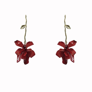Elegant deep red floral earrings with golden branch stems and lifelike petal details