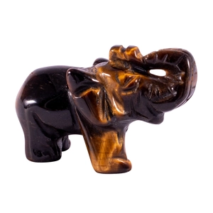 Tiger Eye stone elephant figurine with upward trunk and polished natural texture
