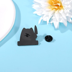 Funny cat with knife metal brooch pin with back clasp on light blue background