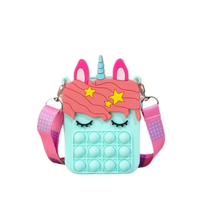 Mint green unicorn silicone pop-it crossbody bag for kids with pink star details