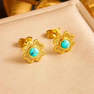 Gold plated stainless steel flower earrings with vintage turquoise stone inlay