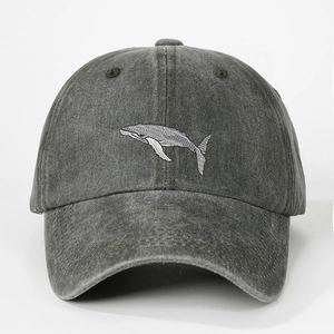 Vintage washed dark grey cotton baseball cap with embroidered whale and adjustable strap
