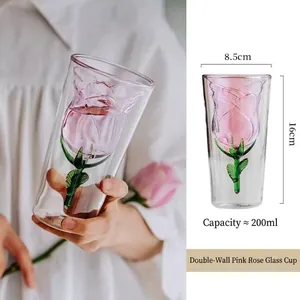 Detail view of pink rose shaped inner glass with dimensions 16cm height and 200ml volume