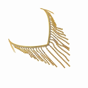 Close-up of gold rhinestone fringe headpiece with sparkling crystals in V-shape design
