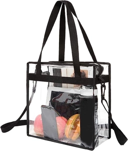 Durchsichtige PVC-Tragetasche mit Platz für Tablet, Handy und tägliche Utensilien in Flachlage