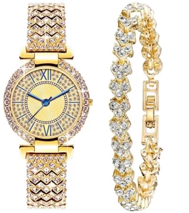 Luxury gold women's watch and heart bracelet set with sparkling crystals and blue hands