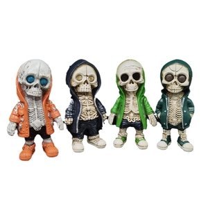 Streetwear Skeleton Alien Resin Figurine Wearing Hoodie Cool Skull Statue Home Desk Decor Halloween Gift