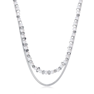 Double-layer stainless steel necklace featuring silver snake chain and white pearls
