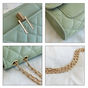 Detail of light green quilted bag showing gold Y-lock and fine stitching craftsmanship
