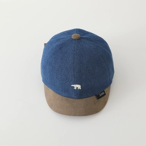 Kids baseball cap in blue denim and brown suede featuring a white polar bear embroidery